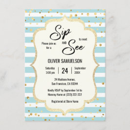 Blå vita Rand Guld Black BABY SIP och SEE Inbjudningar
