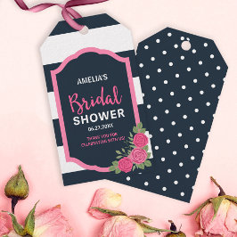 Blå Vita Ränder Rosa Rosor Bröllopsdusch Presentetikett