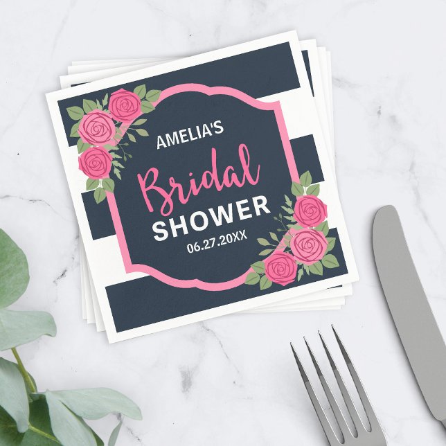 Blå Vita Ränder Rosa Rosor Bröllopsfest Pappersservett (Skapare uppladdad)