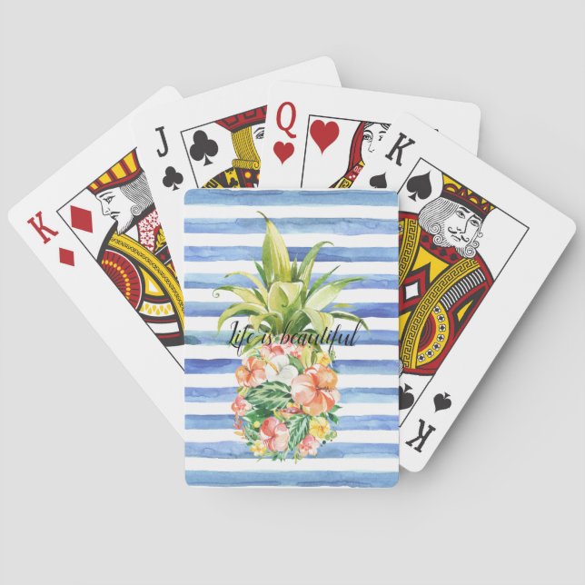 Blå Vita Ränder Tropisk Blommig Ananas Casinokort (Baksidan)