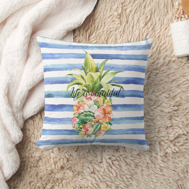 Blå Vita Ränder Tropisk Blommig Ananas Kudde (Filt)