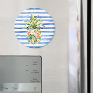 Blå Vita Ränder Tropisk Blommig Ananas Magnet