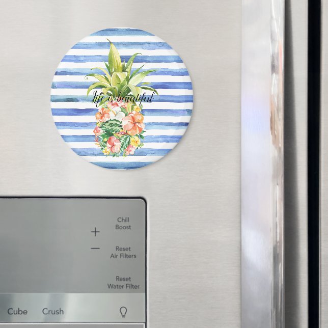 Blå Vita Ränder Tropisk Blommig Ananas Magnet (In Situ (Fridge))