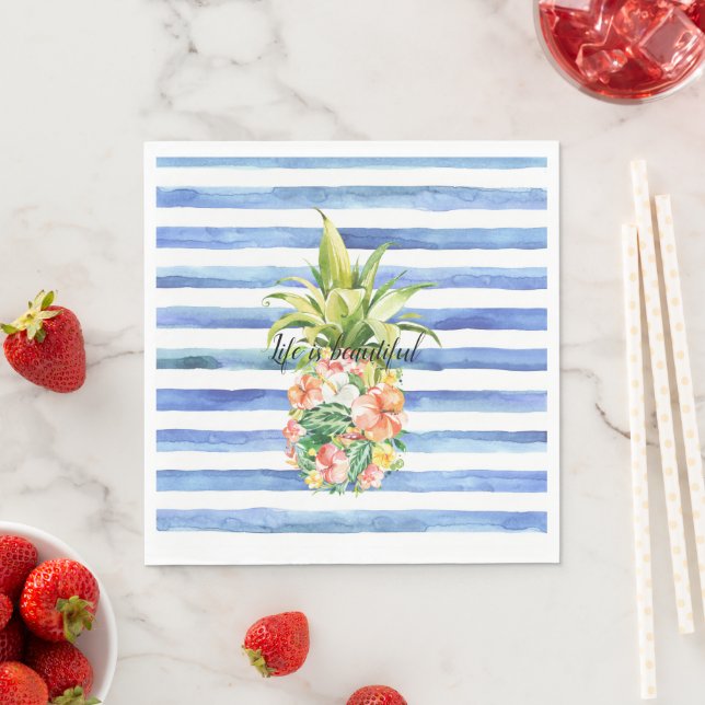 Blå Vita Ränder Tropisk Blommig Ananas Pappersservett (Insitu)