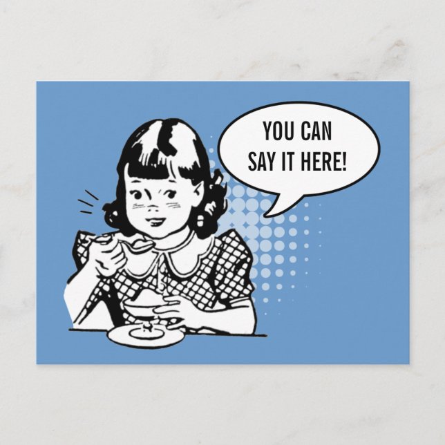 Blå vita Retro Girl Ece Cream Roligt Card Vykort (Framsida)