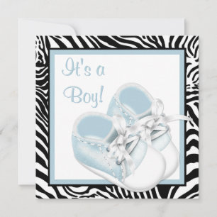 Blå Vita Skor Blå Zebra Baby Pojke Bebisbad Inbjudningar