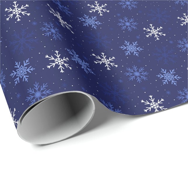 Blå Vita Snöflingor Mönster Presentpapper (Rullad Hörn)