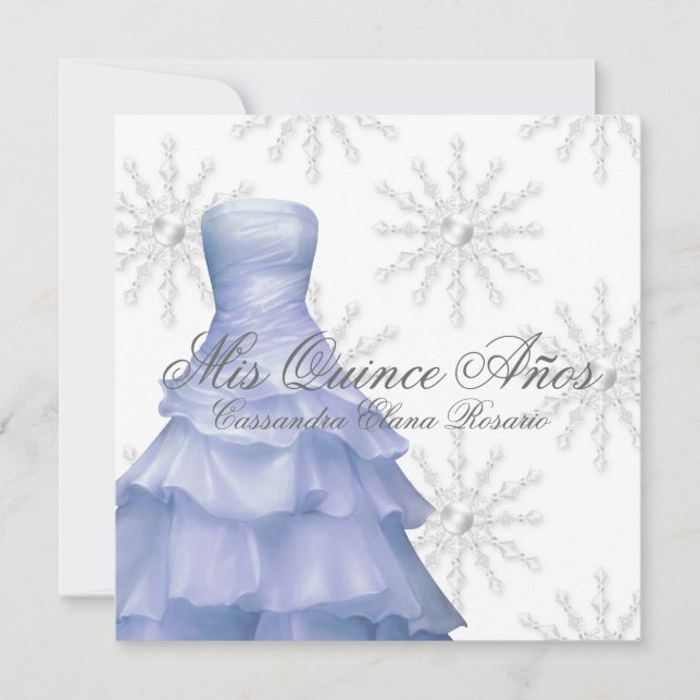 Blå Vita Snöflingor Quinceanera Inbjudningar (Framsida)