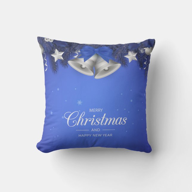 Blå & Vita Snöflingor Stjärna God Jul Klocka Kudde (Framsida)