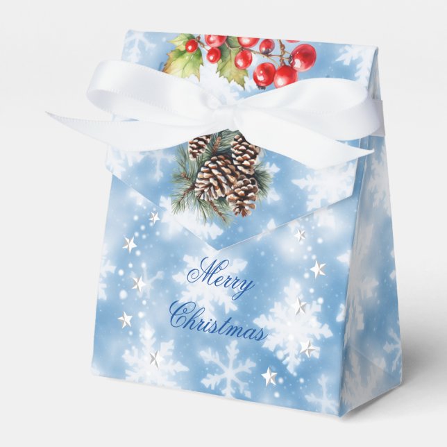 Blå Vita Snöflingor Tallkotte Röda Bär Presenter Presentaskar (Framsidan Sidan)