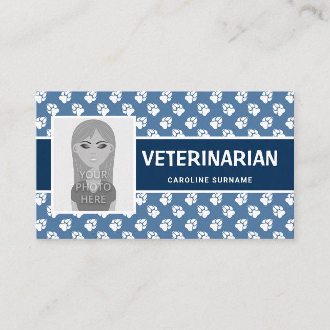 Blå & Vita Tassar Med Ditt Eget Foto Veterinär Visitkort (Framsida)