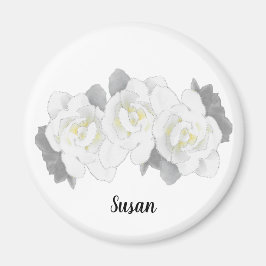 Blå vita trädgårdsblommor på vitt magnet