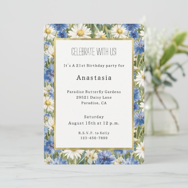 Blå Vita Tusensköna Blommor Födelsedag Inbjudningar (Stående Fram)