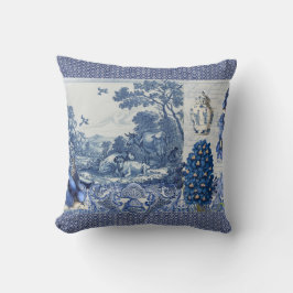 Blå vita vattenblommor i Fransken Fågelkollage Kudde