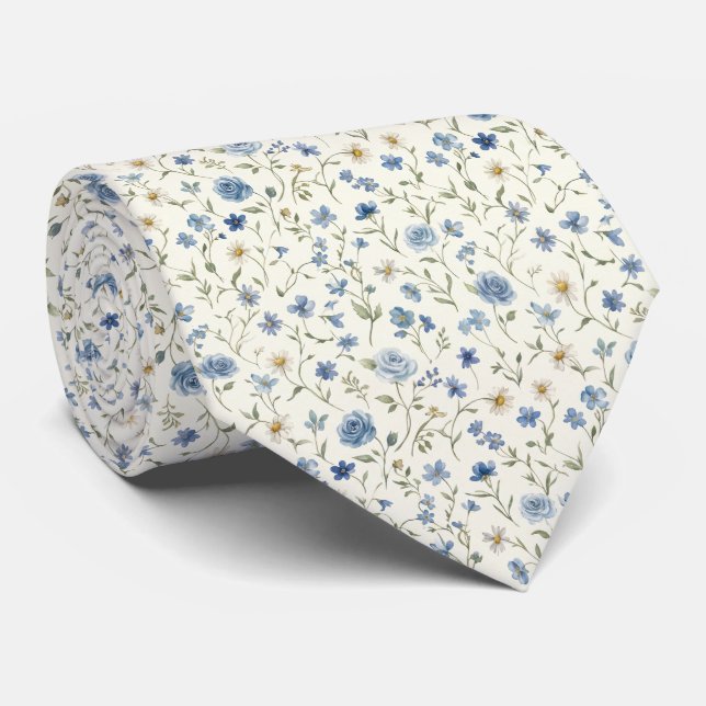 Blå Vita Vildblommor Rosor Bröllop Groom Slips (Rullad)