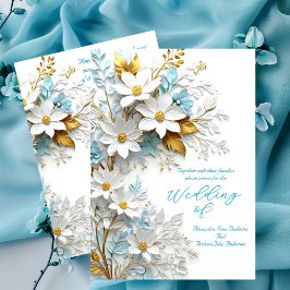 Blå vitblommor från elegant bröllop vid Guld vid S Inbjudningar