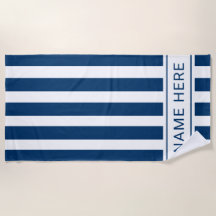 Blå, vitt, strippat Beach Towel med Namn