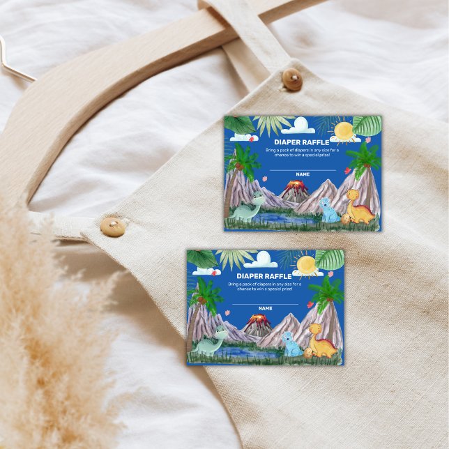 Blå Vulkan Skog Dino Blöja Lotteri Baby Shower Tilläggskort (Blue Volcano Forest Dino Diaper Raffle Baby Shower Enclosure Card)