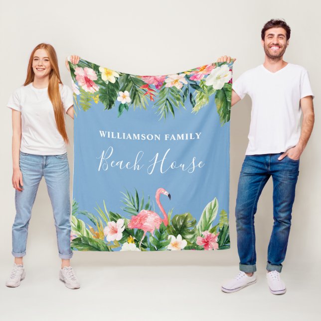 Blå Watercolor Tropical Blommigt Family Beach Hous Fleecefilt (På plats)