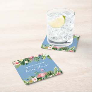 Blå Watercolor Tropical Blommigt Family Beach Hous Underlägg Papper Kvadrat