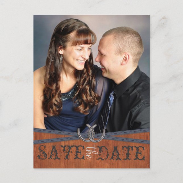 Blå Western & Mörkt Trä Spara Datum Meddelande Vykort (Framsida)