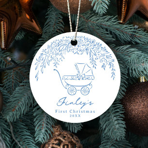 Blå Whimsical Barnvagn Baby:s Första Jul Julgransprydnad Keramik