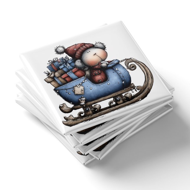 Blå Whimsical Isbjörn Sled | Julmagnet Magnet (Blue Whimsical Polar Bear Sled Christmas Magnet by PiggyPrint Stickers.)