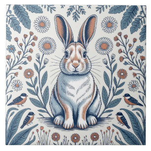 Blå Whimsical Kanin Blommig Design Kakelplatta