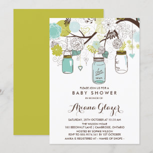 Blå Whimsical Mason-burkar Baby Shower-inbjudan Inbjudningar