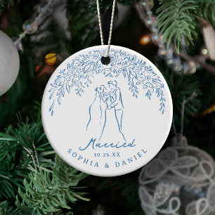 Blå Whimsical Par Vårt Första Jul Äktenskap Julgransprydnad Keramik