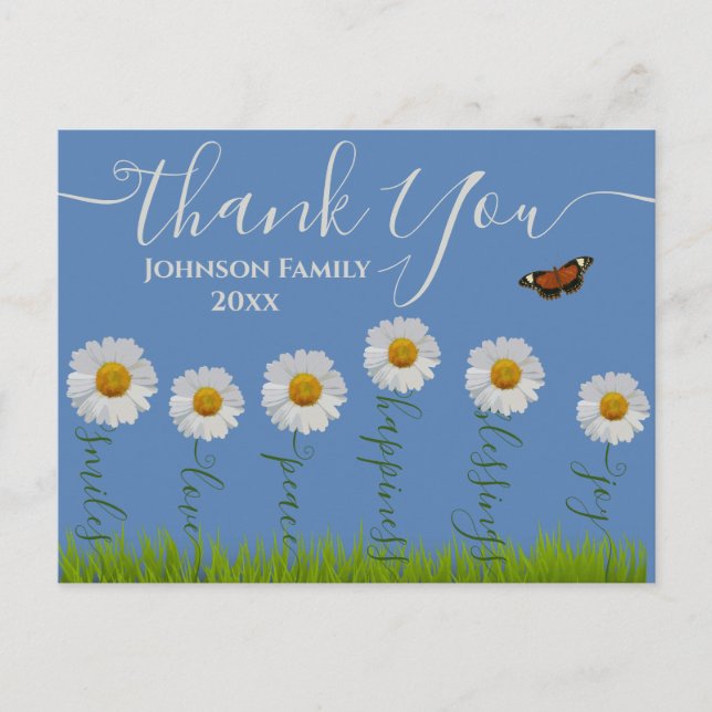 Blå Whimsical Tusenskönan Tack Dig Blommig Thanksg Vykort (Framsida)