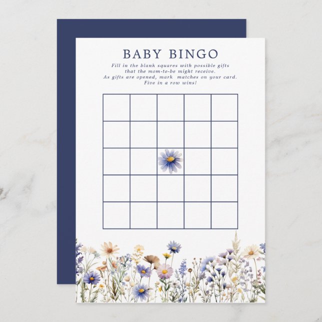 Blå WildblomBoho Baby Shower Bingo Game Inbjudningar (Fram/baksida)