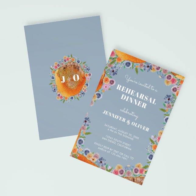 Blå Wildblomma Garden Boho Chic Rehearsal Middag Inbjudningar (Front/Back)
