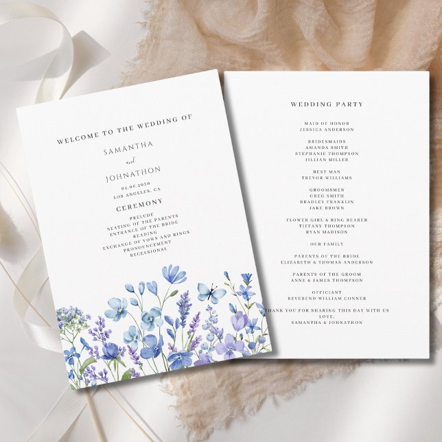 Blå Wildblommans vattenfärg Blommigt Bröllop Program (Skapare uppladdad)