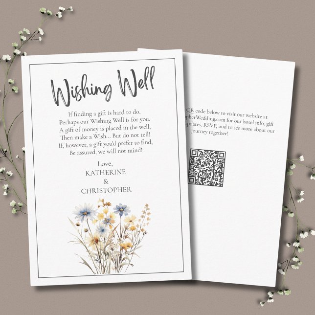 Blå Wildblommor Formell Bröllop Wishing-brunn Tilläggskort (Blue Wildflowers Elegant Wedding Wishing Well Enclosure Card with blue, yellow and beige flowers.)