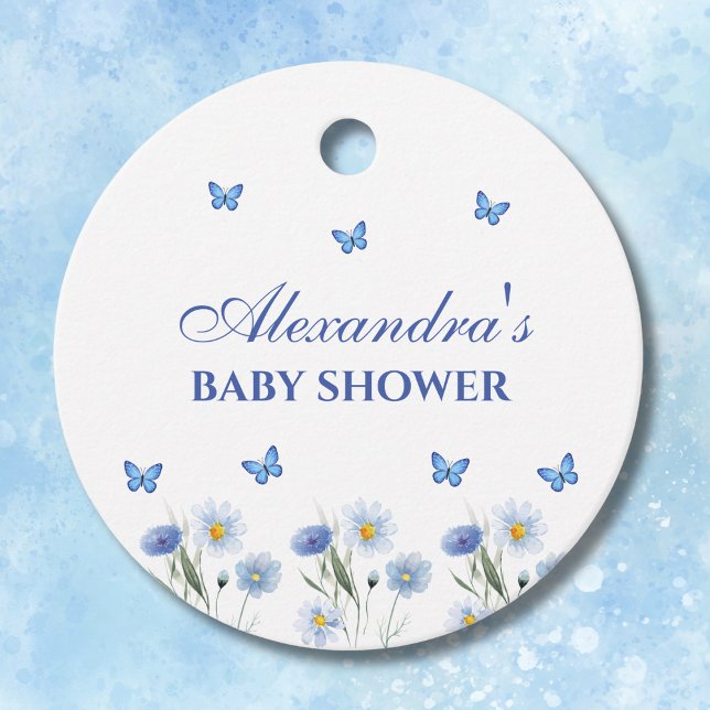 Blå Wildblomskbutterfluflufluflugan Baby Shower Ta Gåvor Etiketter (Skapare uppladdad)