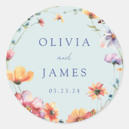 Blå Wildblomskonandesommaren Bröllop Runt Klistermärke