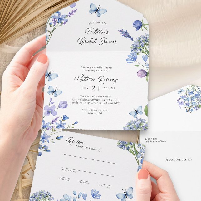 Blå WildblomsterMöhippa och Tear Away Recipe (Trifold Bridal Shower Invitation with Recipe Card from my Blue Wildflower Bridal Shower Collection)