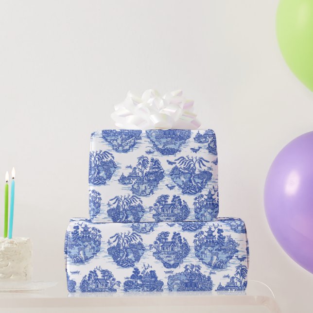 Blå Willow Animal Rabbit Hjort Fox Toile Unile  Presentpapper (Festgåvor)