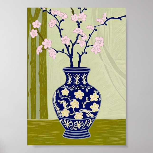 Blå Willow Chinoiserie Vas & Rosa Körsbärsblomster Poster (Framsidan)