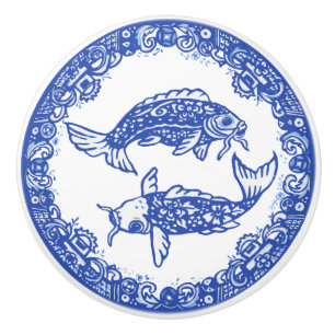 Blå Willow Design Blommigt Koi Fish Oriental Unie Knopp