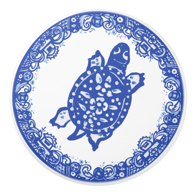 Blå Willow Design Spoted Turtle Cute Ansikte Höger Knopp (Framsidan)