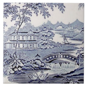 Blå Willow Repro 1899 Engelsk Victorian Tile Kakelplatta