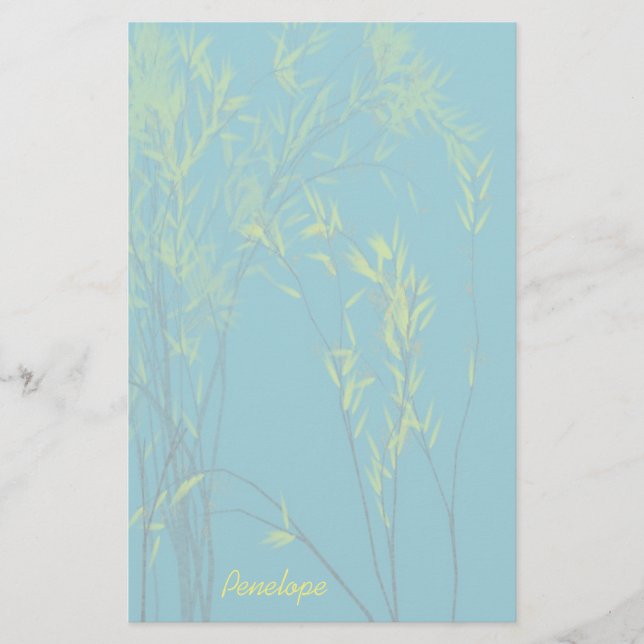 Blå Wispy Träd med Gult Löv Lägg till ditt namn Brevpapper (Framsida)