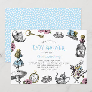 Blå Wonderland Baby Shower med Polka dots Inbjudningar
