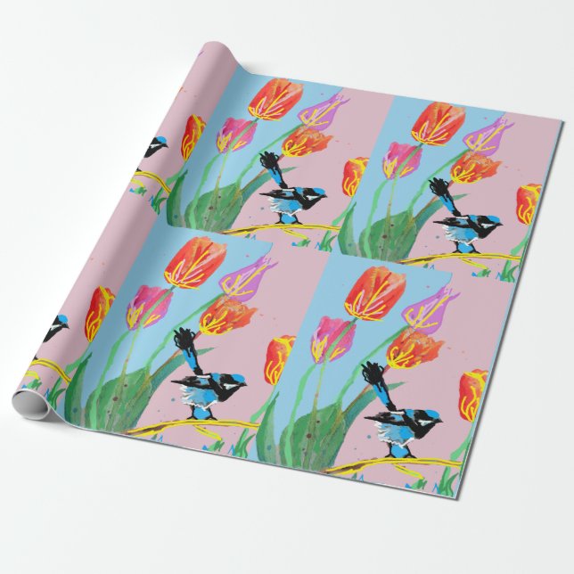 Blå Wren Tulips konstblommor Watercolor Wrapping Presentpapper (Utrullad)