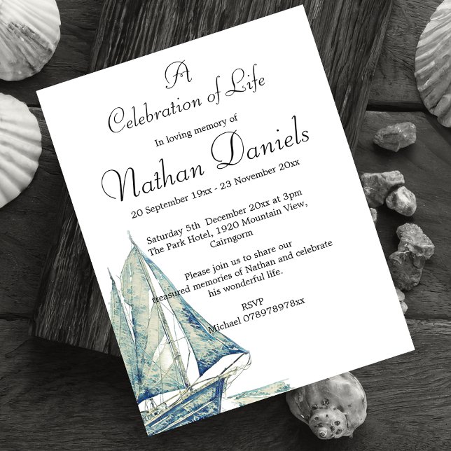 Blå Yacht Livets Firande Kort (Nautical themed celebration of life cards.)