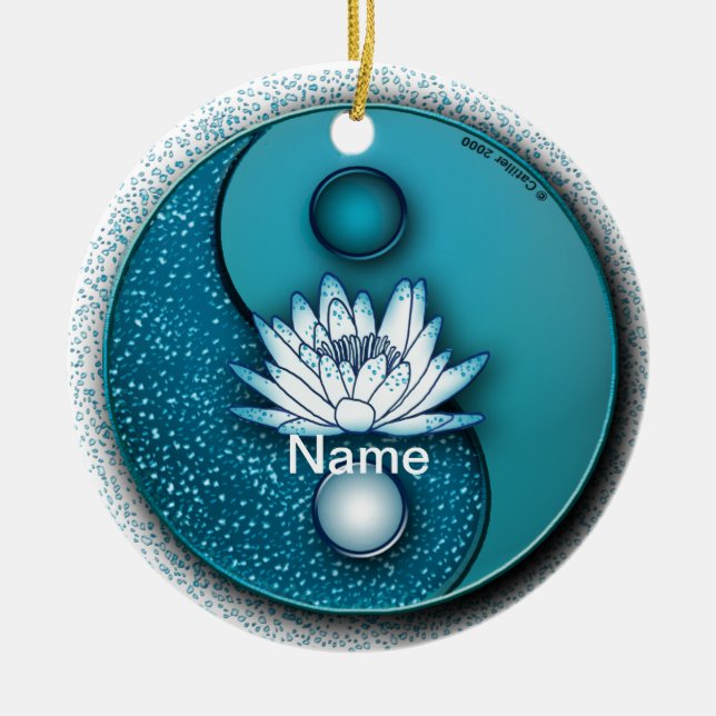 Blå Yin Yang Lotus-ornament Julgransprydnad Keramik (Framsidan)