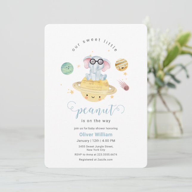 Blå yttre rymd elefant baby shower inbjudningar (Stående Fram)