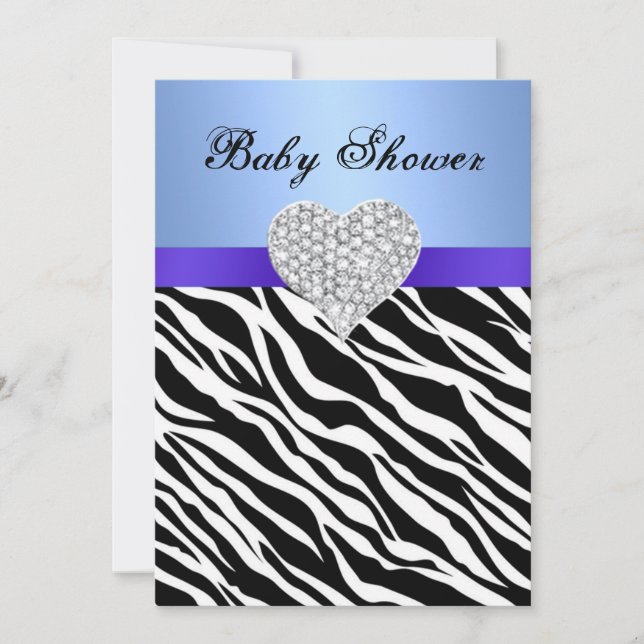 Blå Zebra Diamanthjärta Baby Shower Inbjudan (Framsida)
